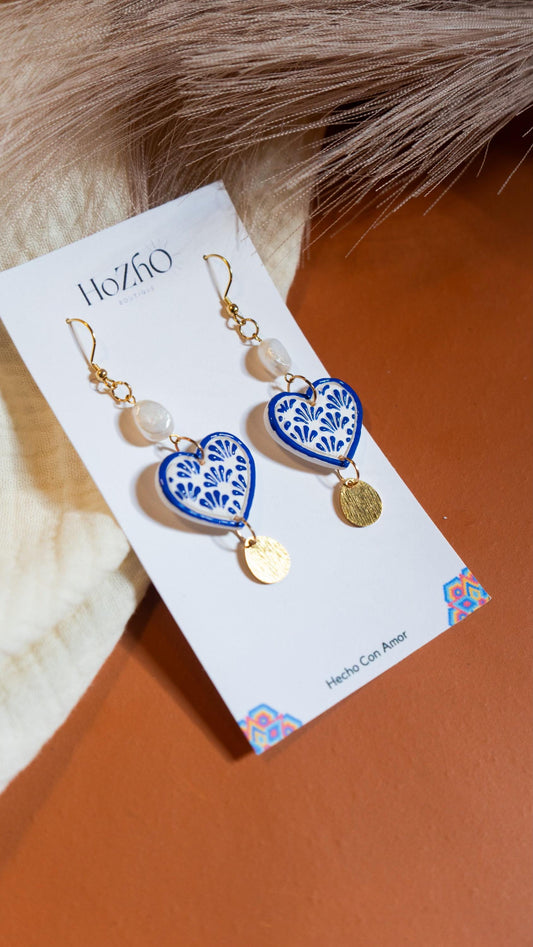 FELIZA earrings | talavera earrings | heart | corazon | for her | mexican inspired | blue | bridal