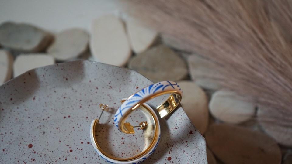 SAMSA earrings  | talavera | clay | hoops | gold | handmade | mexican | azul